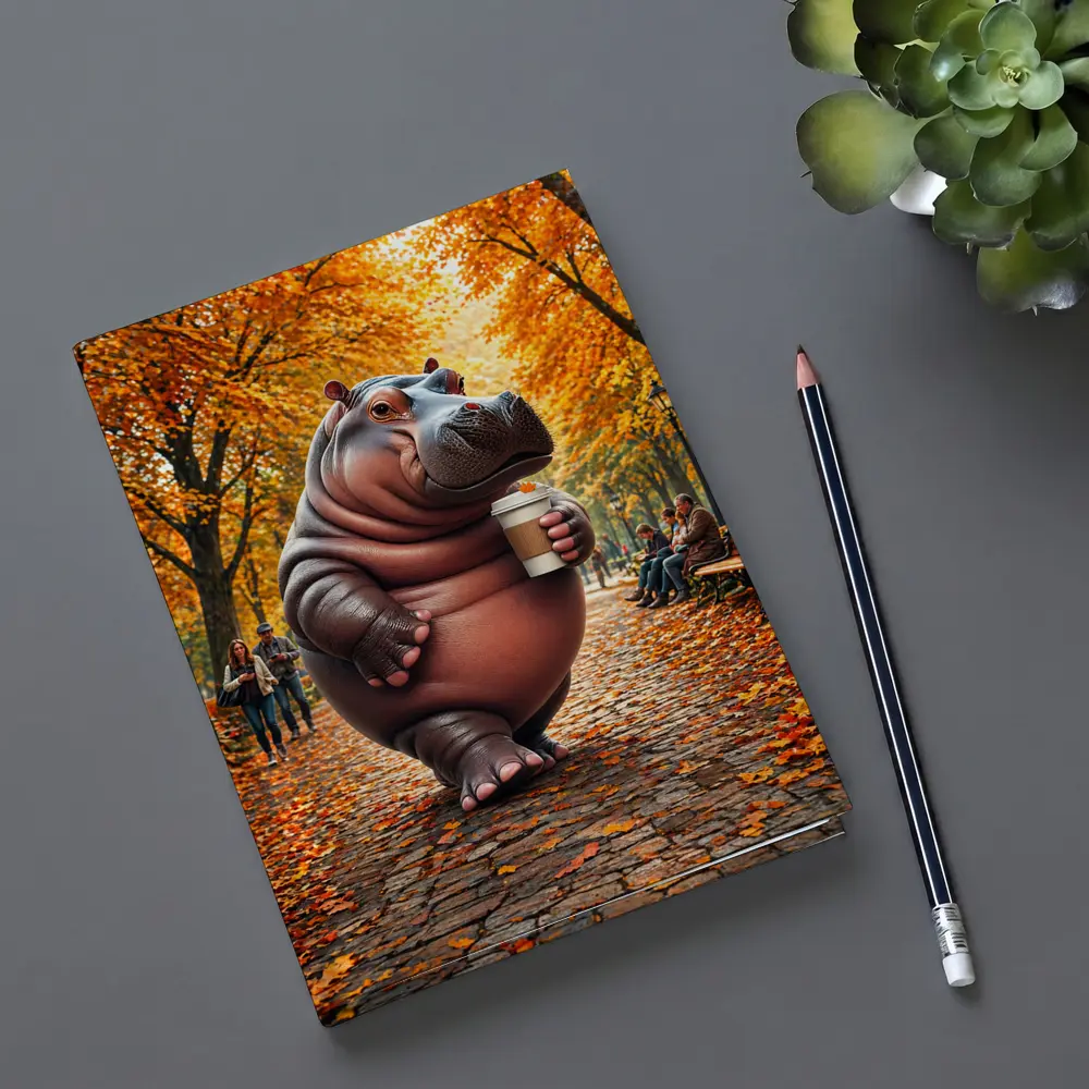 Hippo Holding Coffee Cup Autumn Park – Notebooks