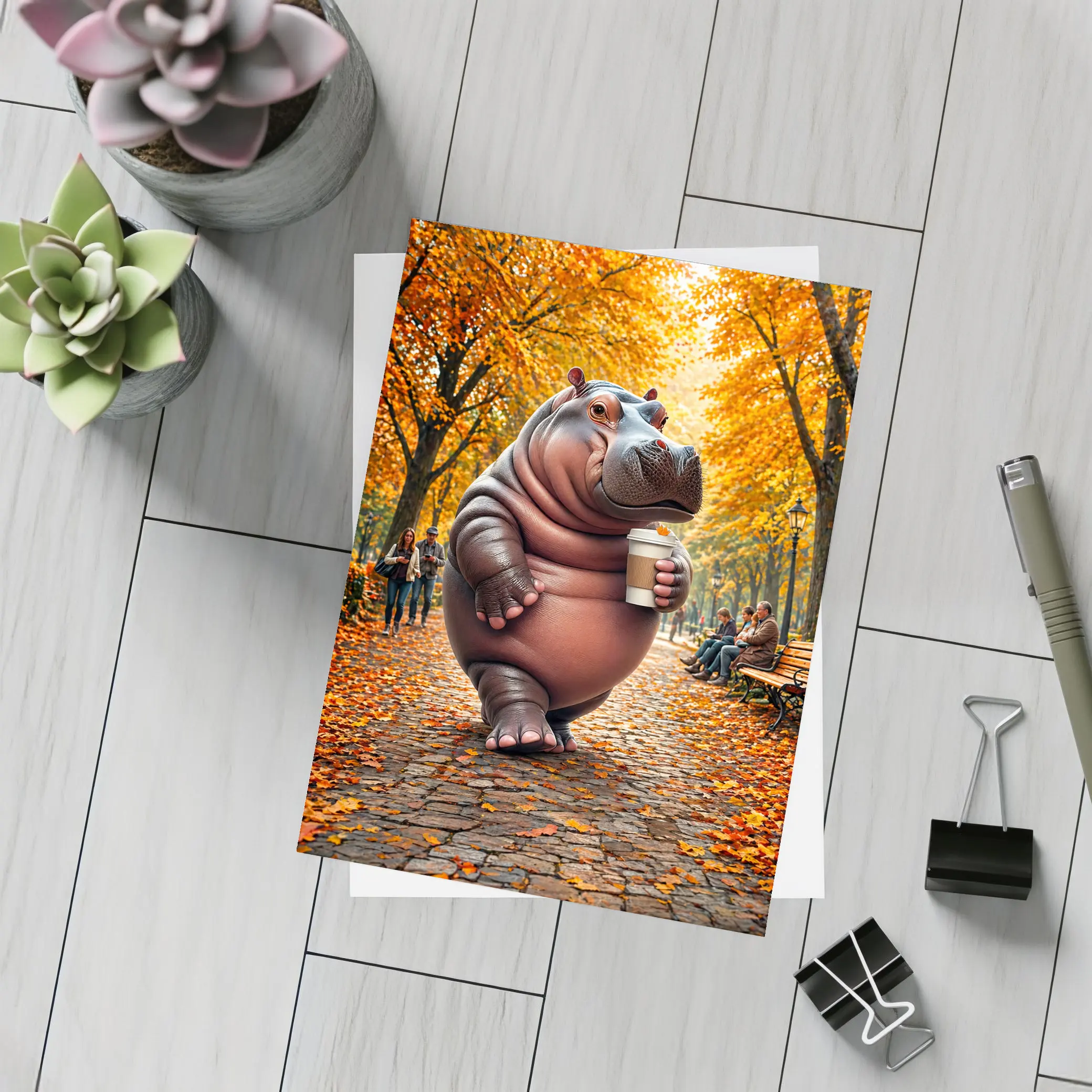 Hippo Holding Coffee Cup Autumn Park – Postcards