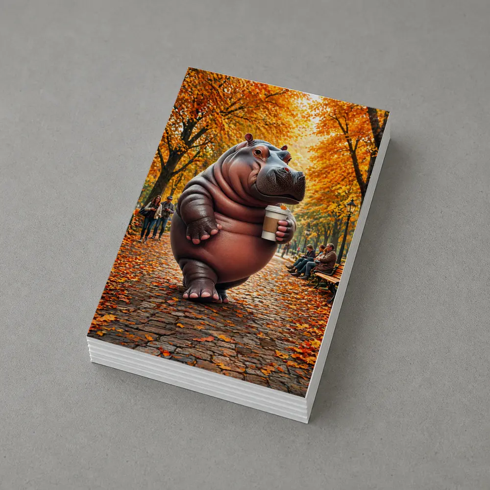 Hippo Holding Coffee Cup Autumn Park – Postcards