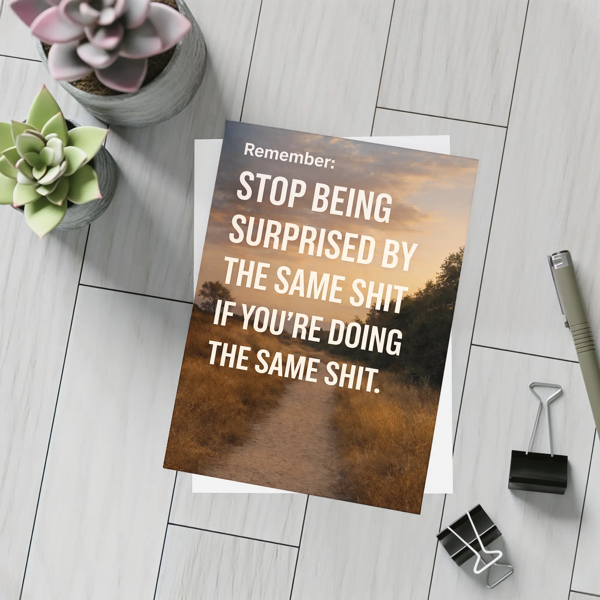 Stop Being Surprised Motivational Quote Sunset Path – Postcards