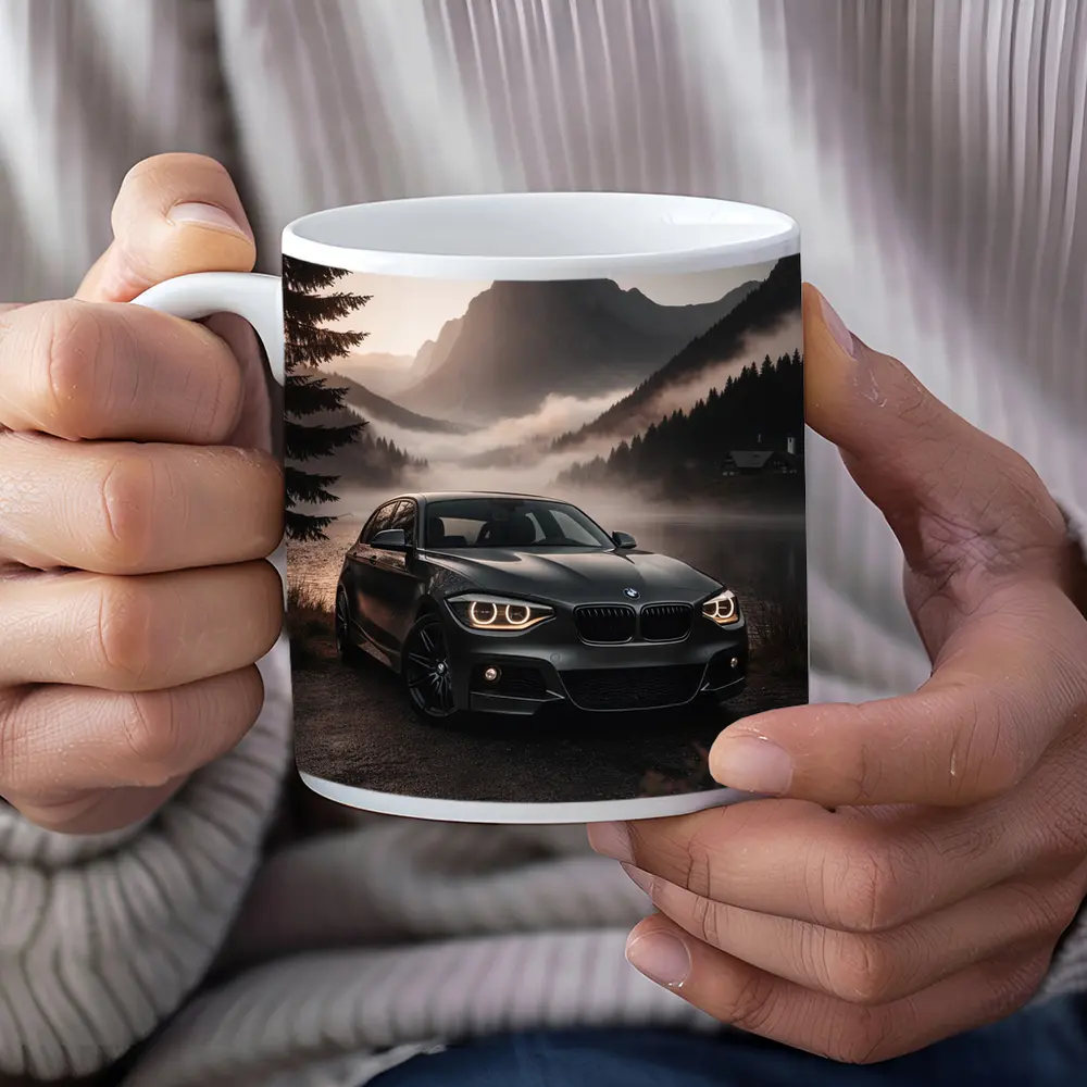 BMW 1 Series Parked by Misty Mountain Lake – Mugs