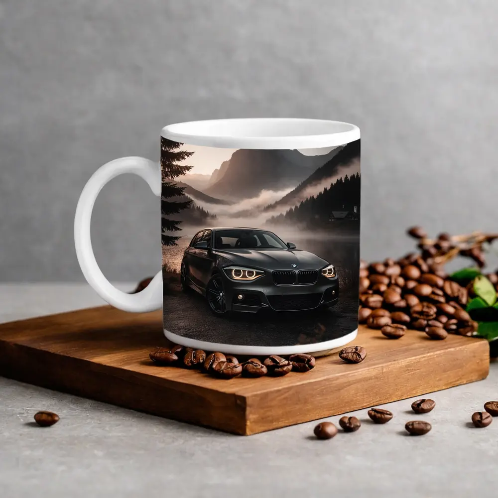 BMW 1 Series Parked by Misty Mountain Lake – Mugs