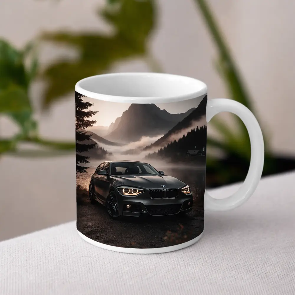 BMW 1 Series Parked by Misty Mountain Lake – Mugs