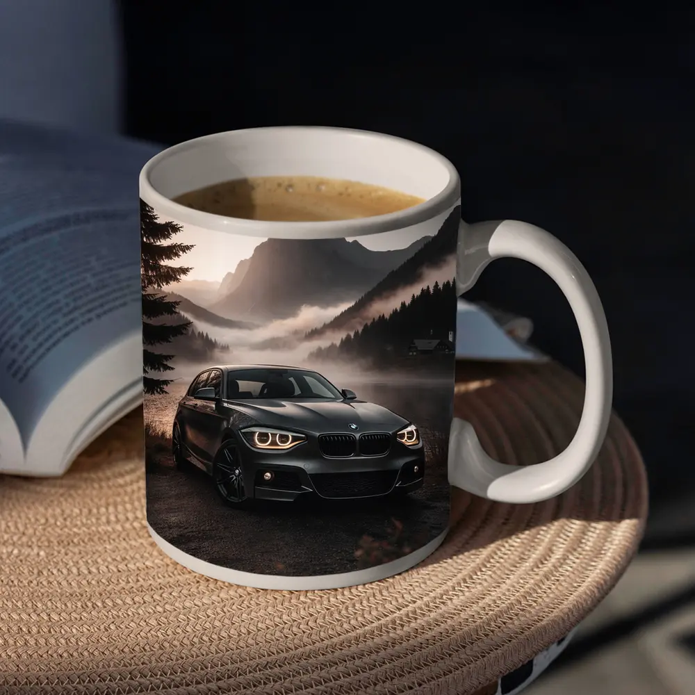 BMW 1 Series Parked by Misty Mountain Lake – Mugs
