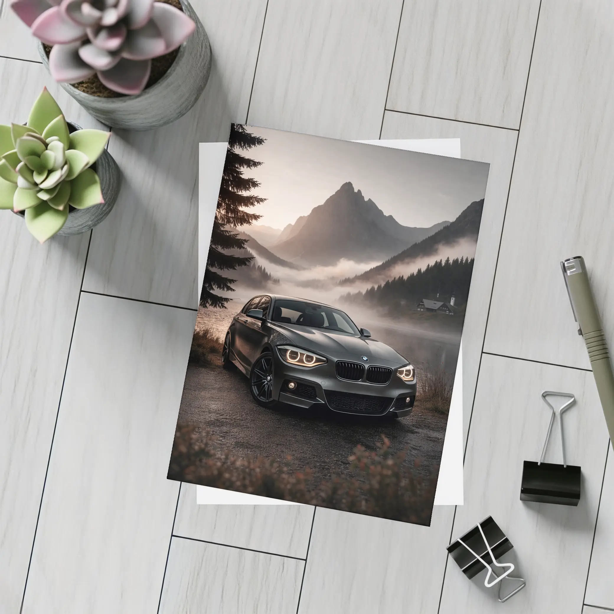 BMW 1 Series Parked by Misty Mountain Lake – Postcards