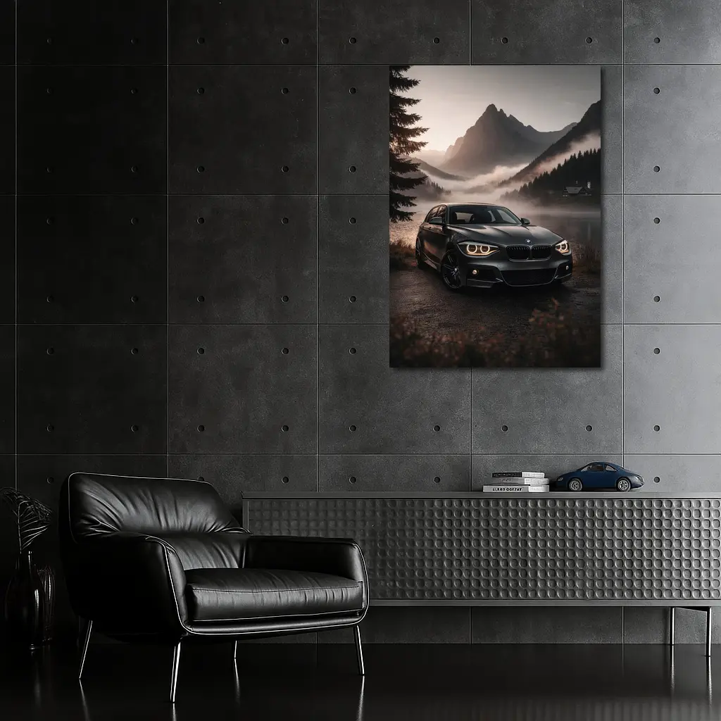 BMW 1 Series Parked by Misty Mountain Lake – Wall Art