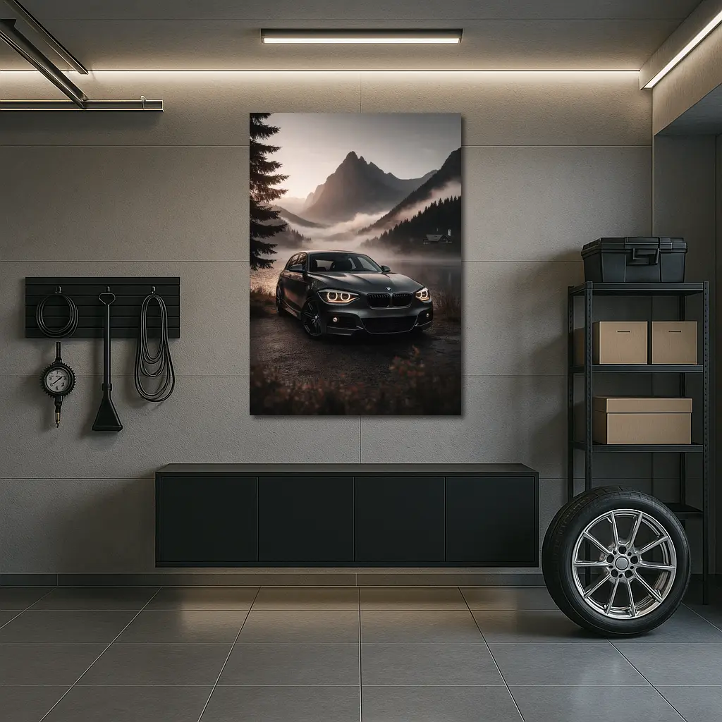 BMW 1 Series Parked by Misty Mountain Lake – Wall Art