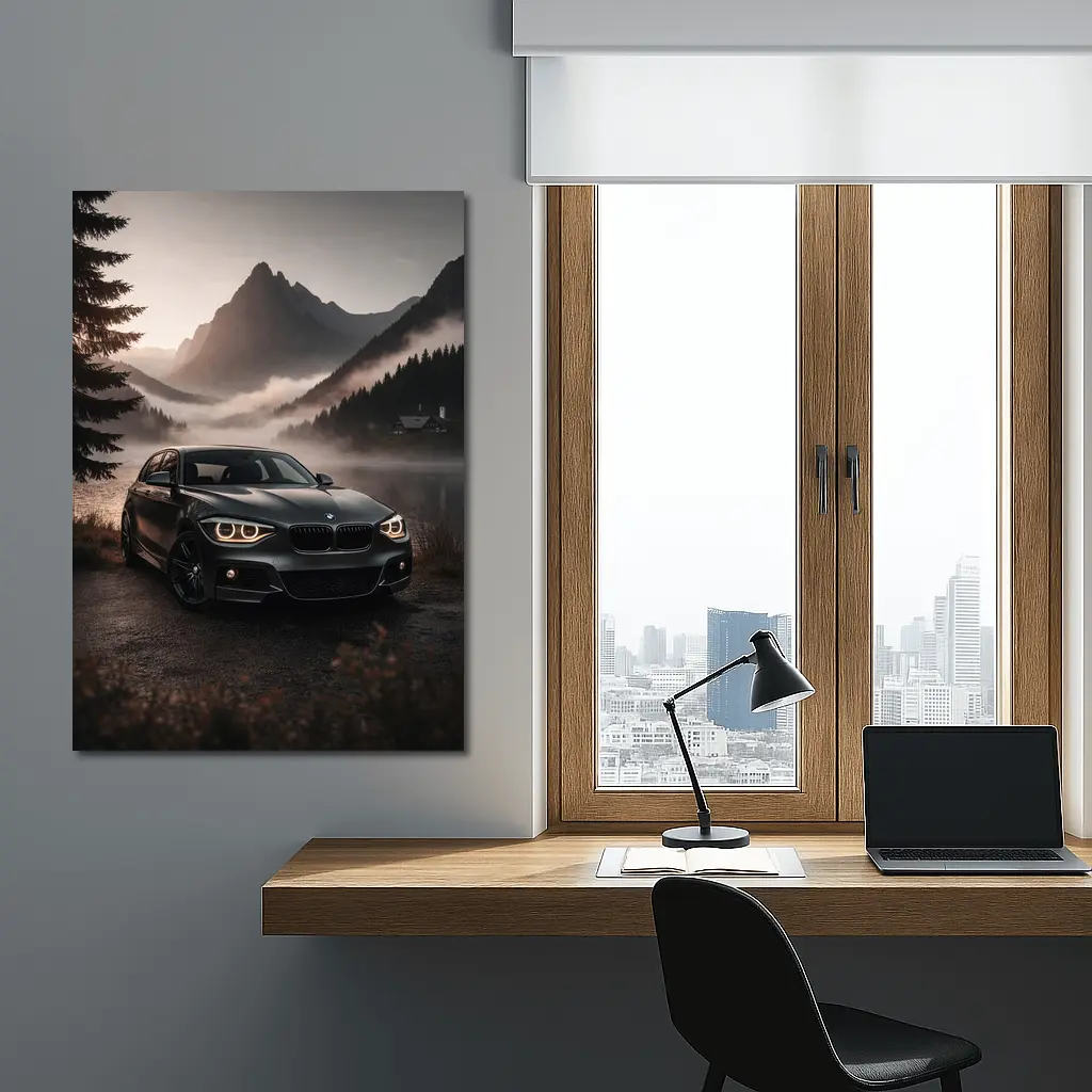 BMW 1 Series Parked by Misty Mountain Lake – Wall Art