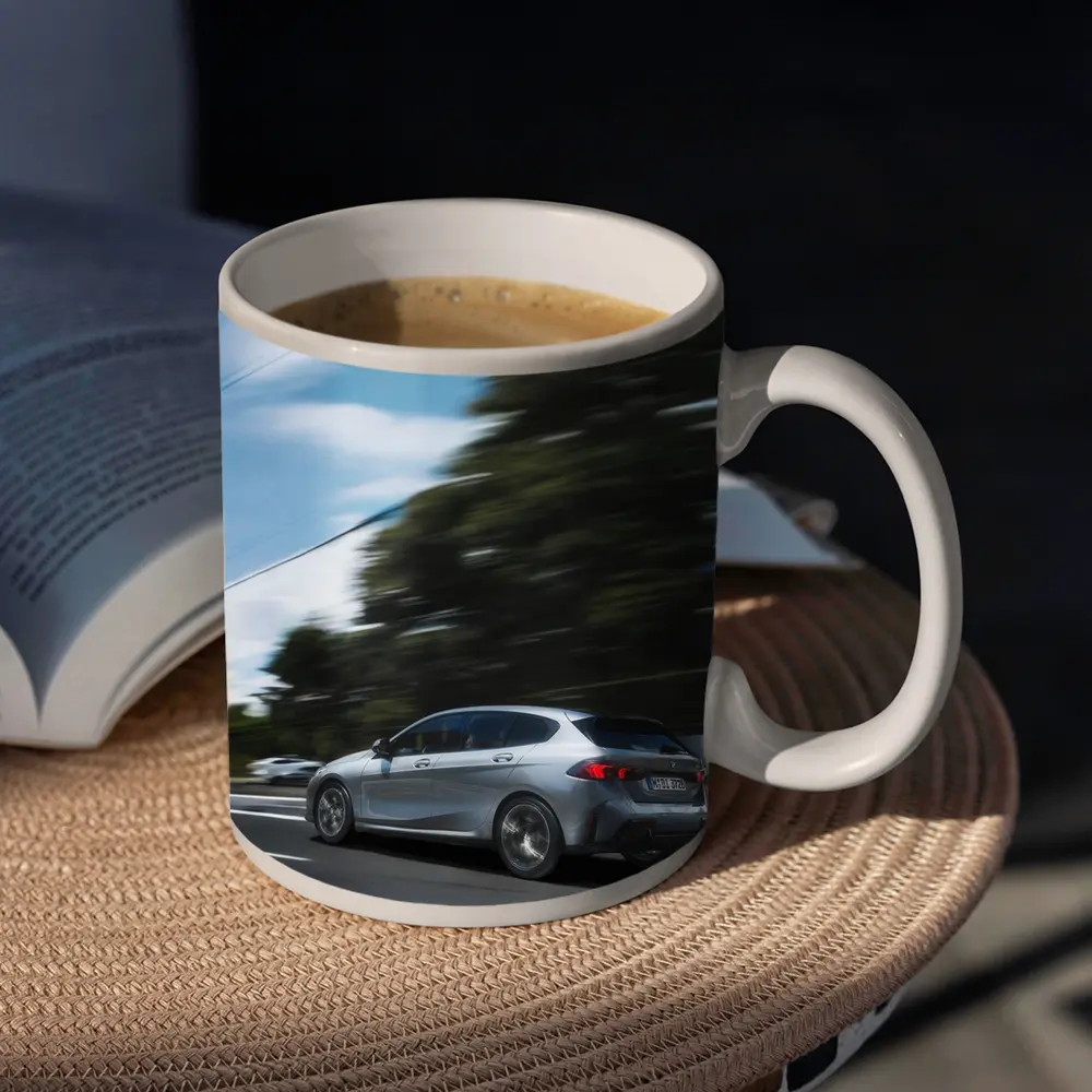 BMW 1 Series Grey Hatchback On Road – Mugs