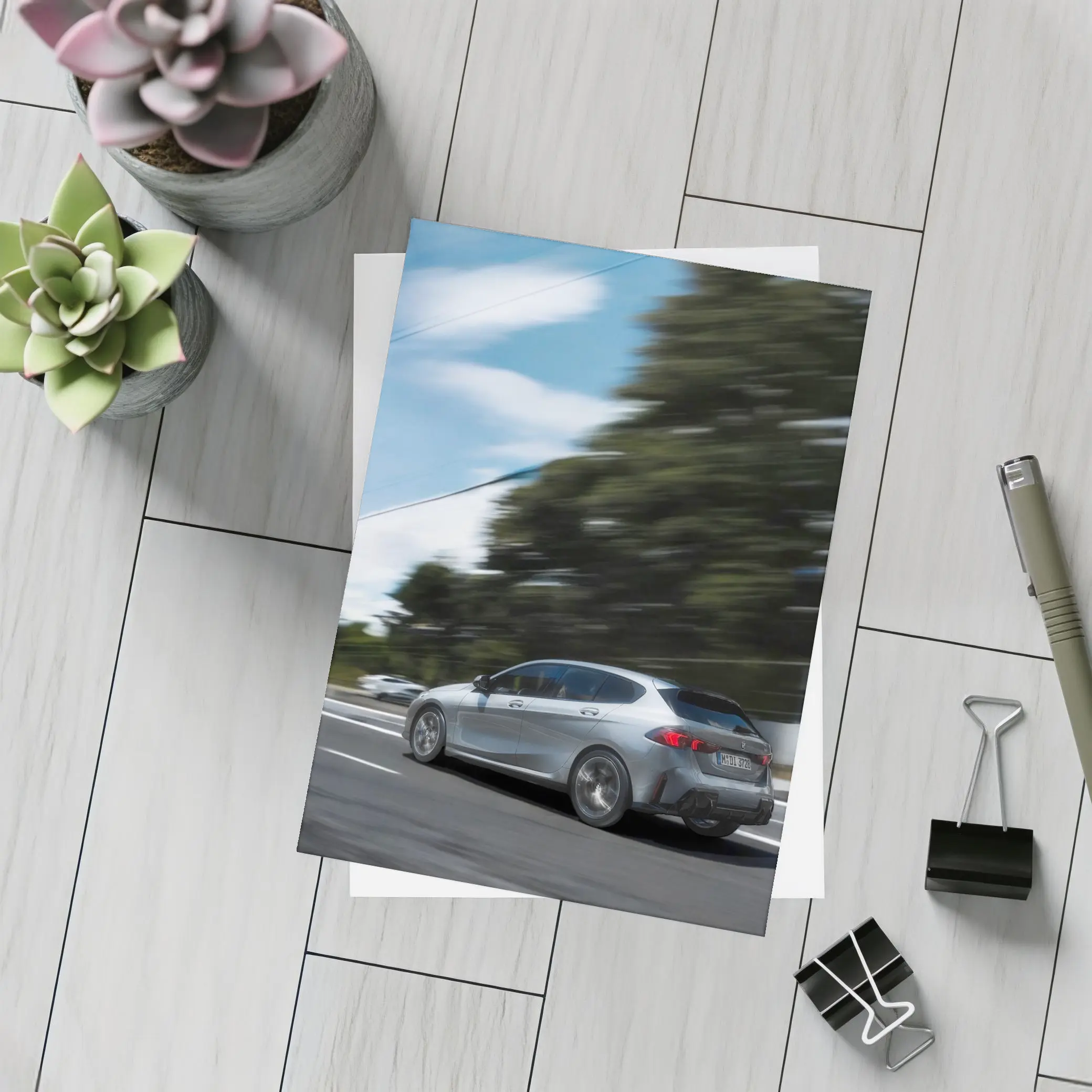 BMW 1 Series Grey Hatchback On Road – Postcards
