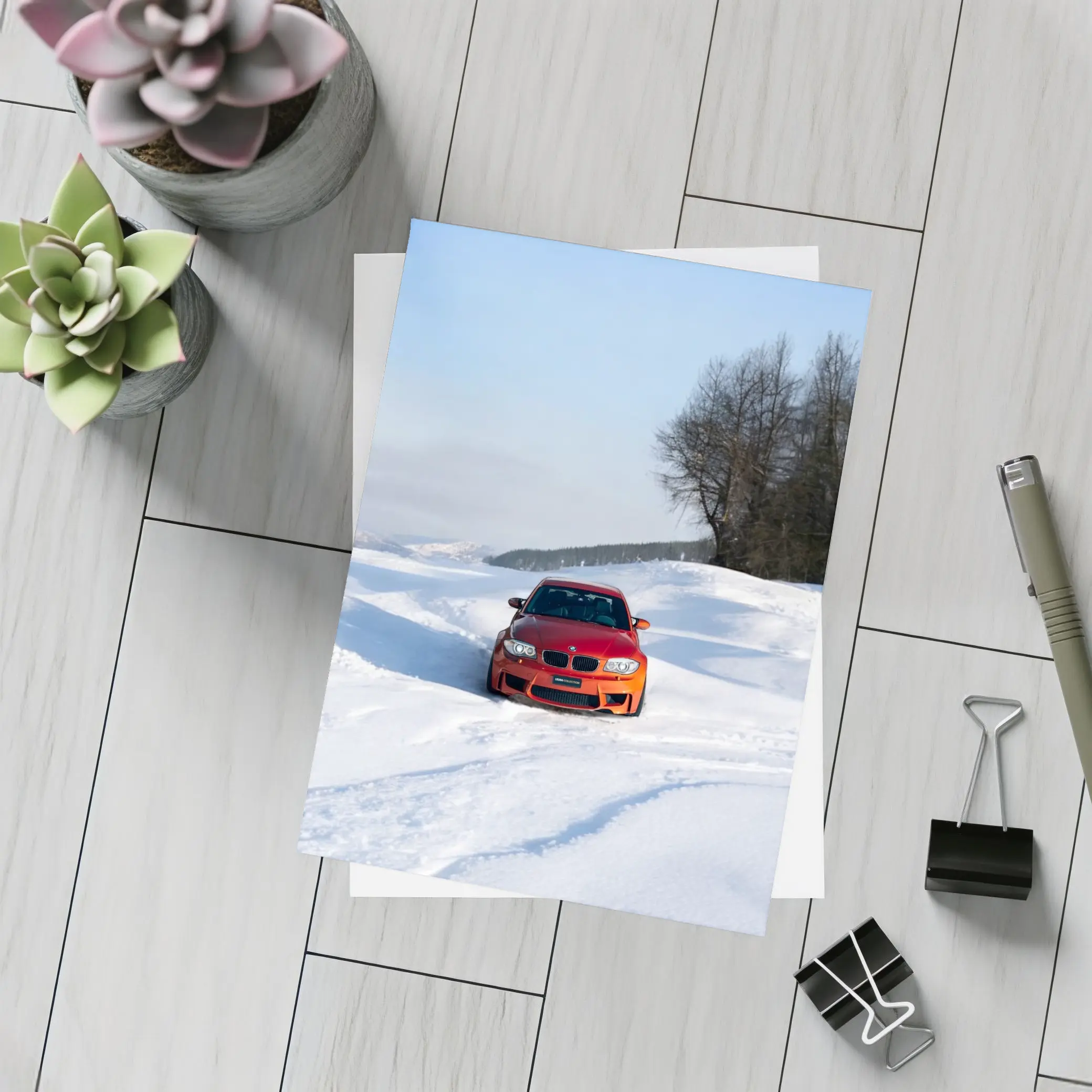 BMW 1M Coupe Orange Snow Winter Drive – Postcards
