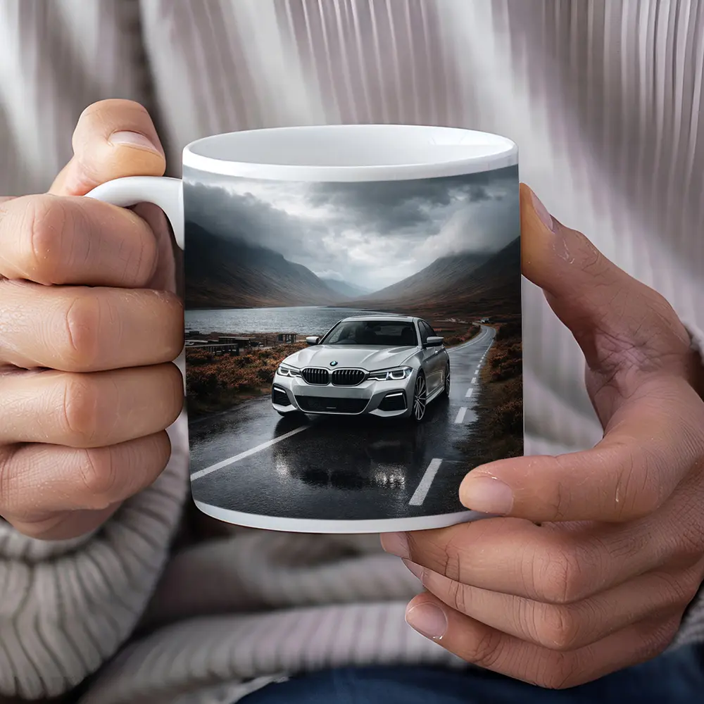 BMW 3 Series on Rainy Mountain Road – Mugs