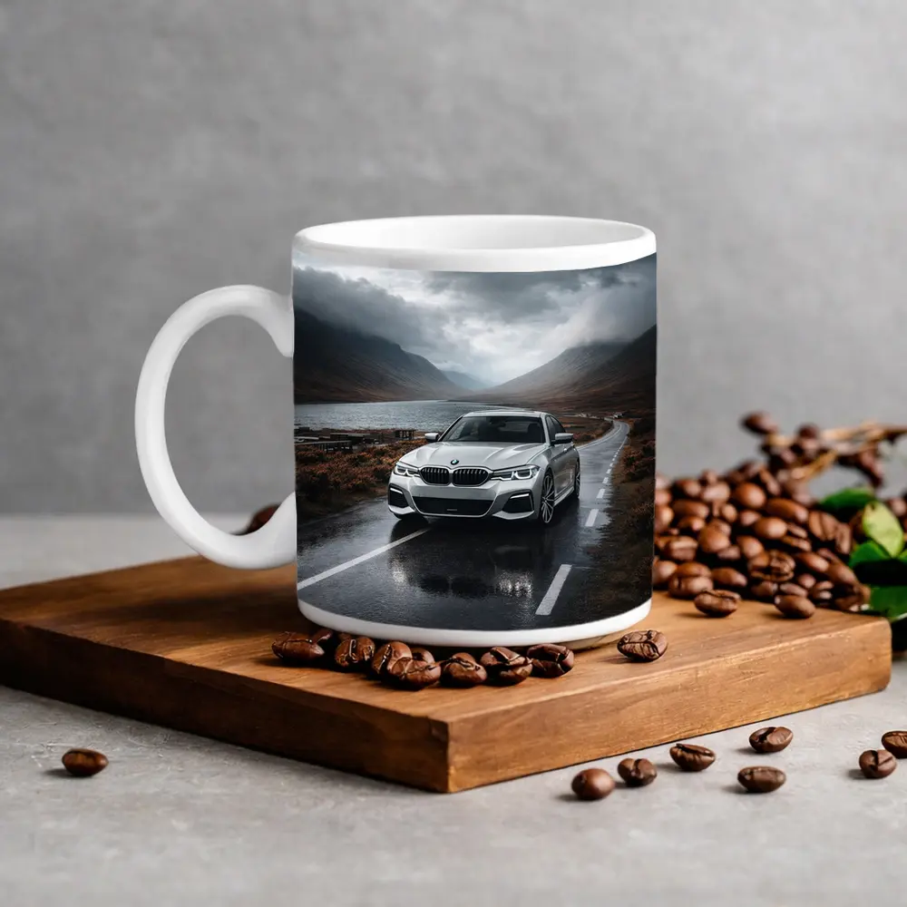 BMW 3 Series on Rainy Mountain Road – Mugs