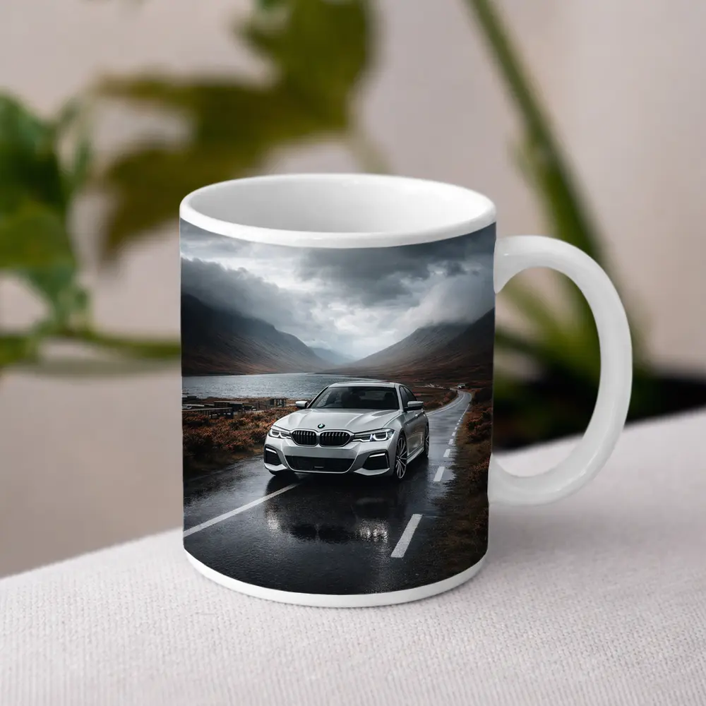 BMW 3 Series on Rainy Mountain Road – Mugs