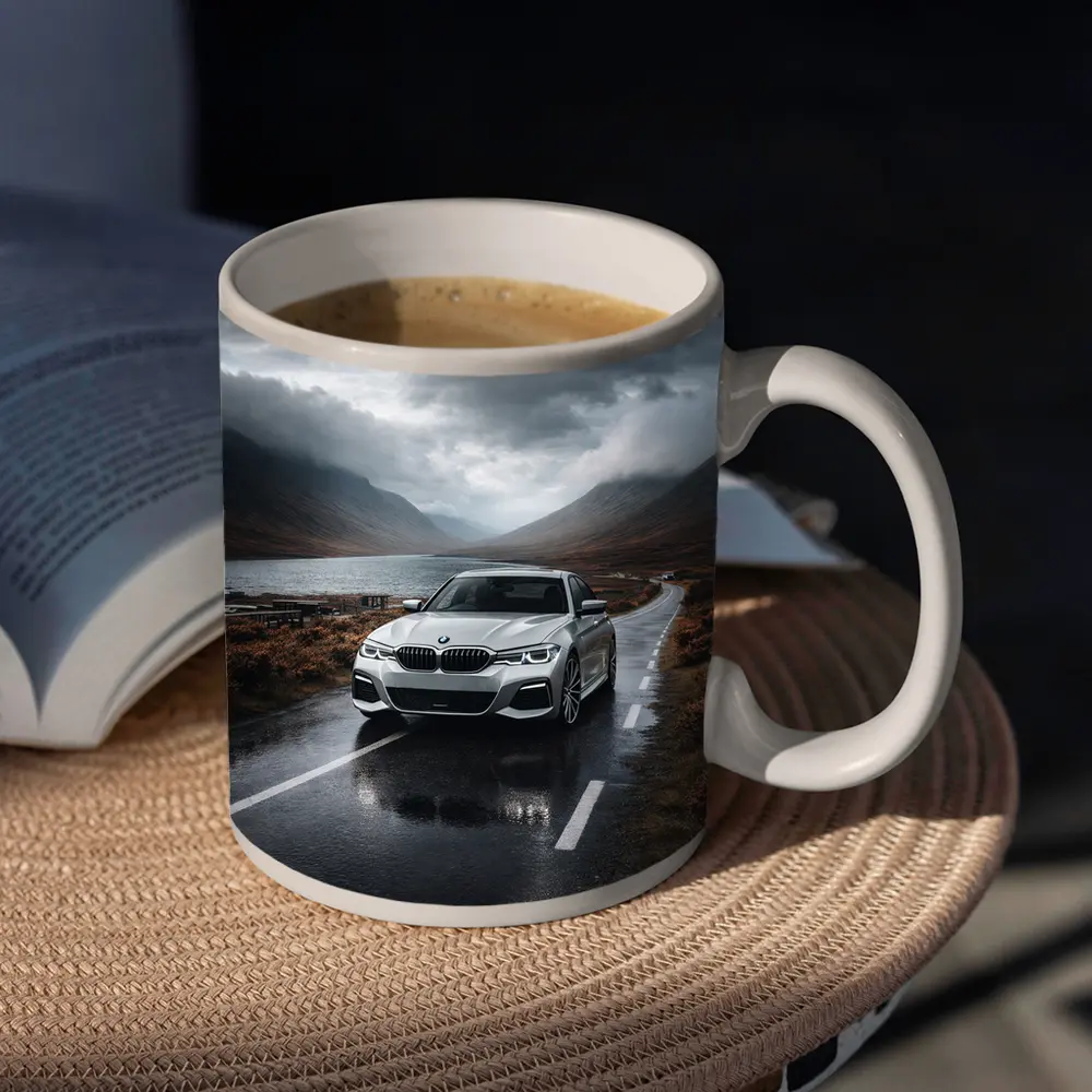 BMW 3 Series on Rainy Mountain Road – Mugs