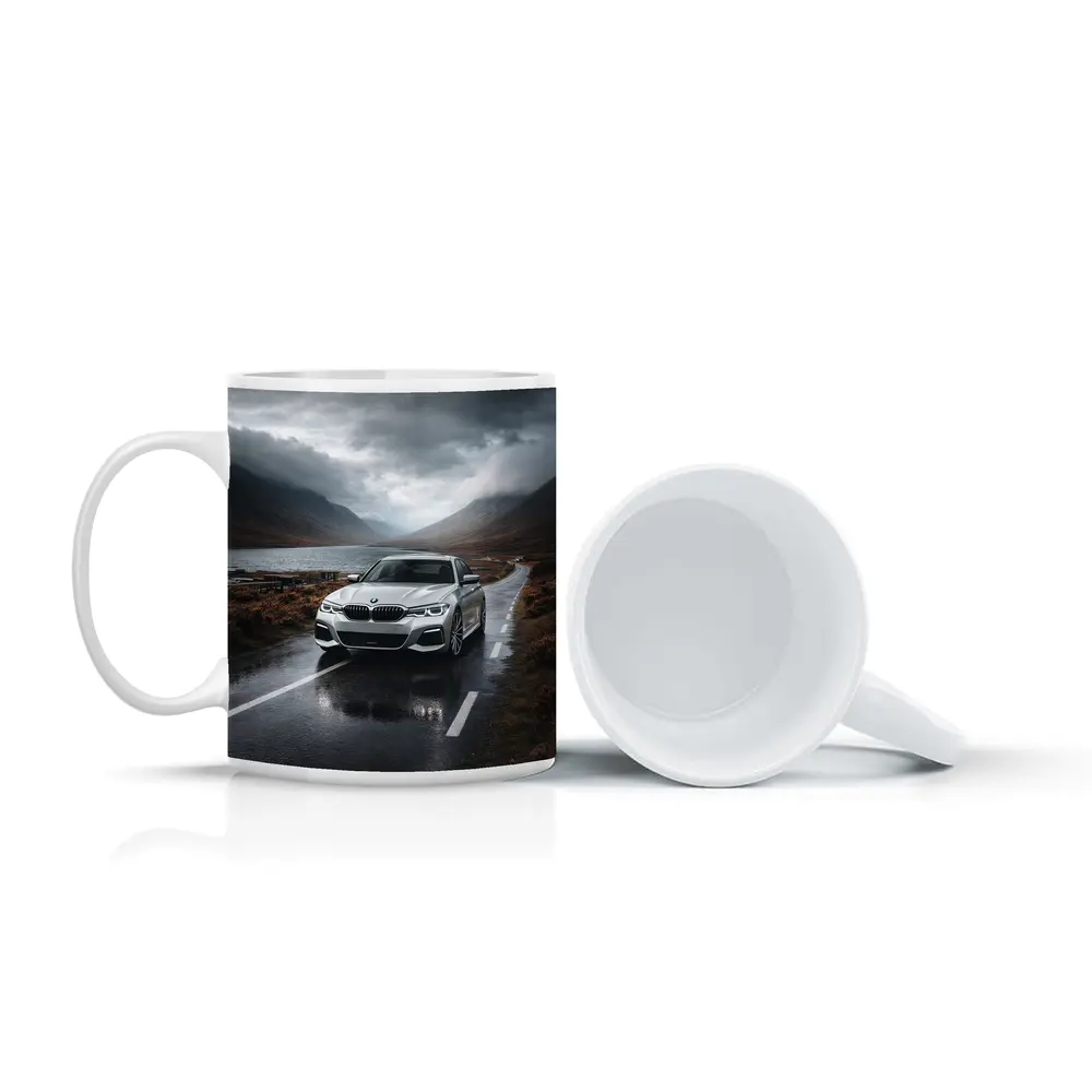 BMW 3 Series on Rainy Mountain Road – Mugs