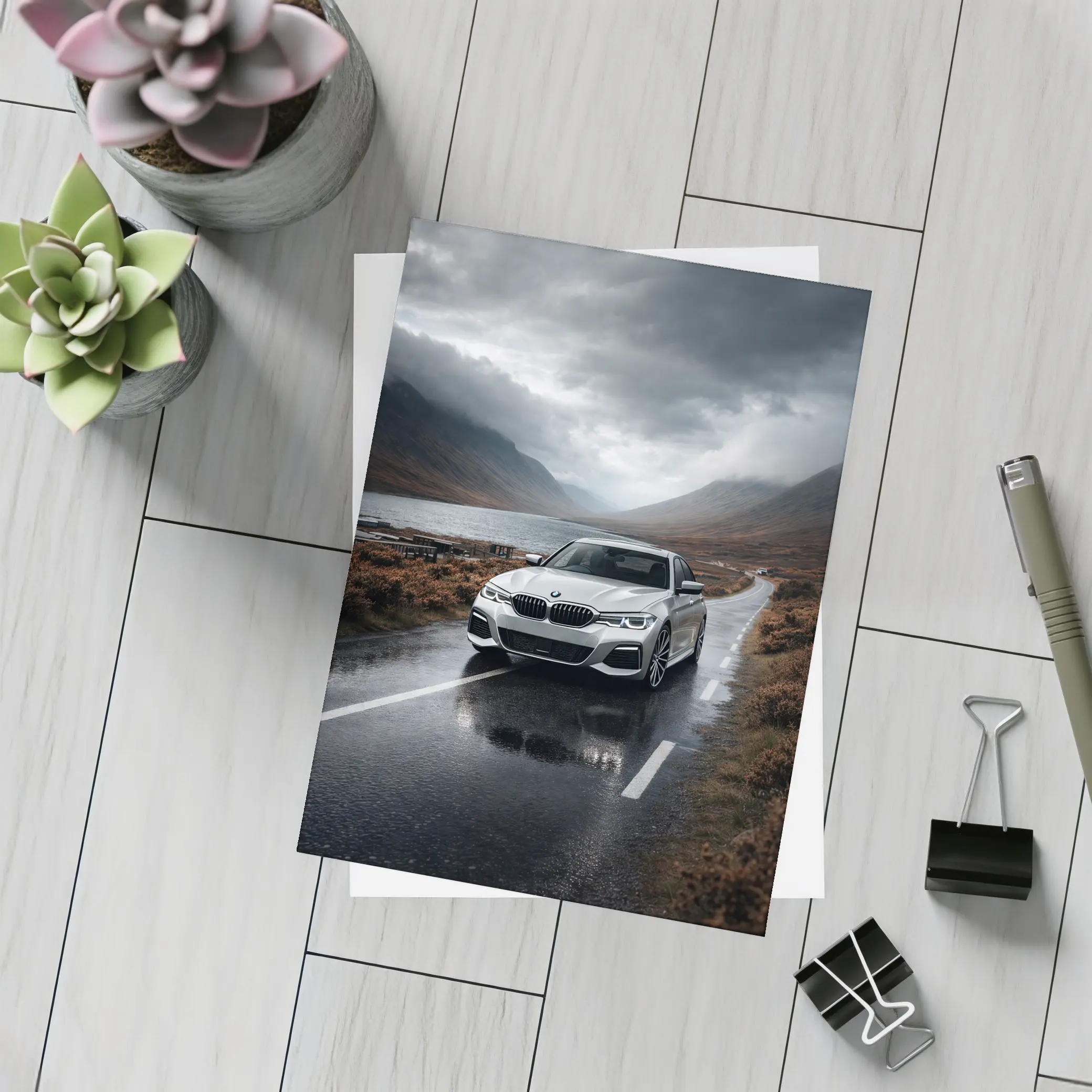 BMW 3 Series on Rainy Mountain Road – Postcards