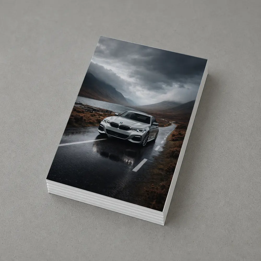 BMW 3 Series on Rainy Mountain Road – Postcards