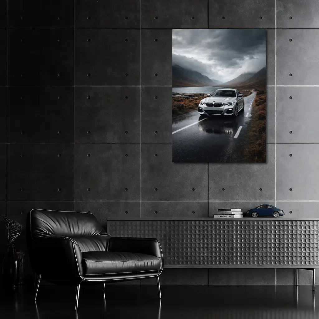 BMW 3 Series on Rainy Mountain Road – Wall Art