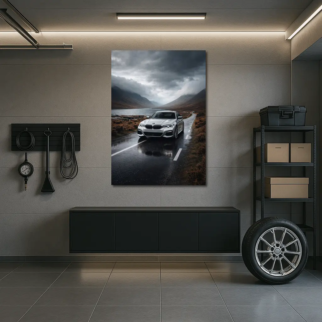 BMW 3 Series on Rainy Mountain Road – Wall Art