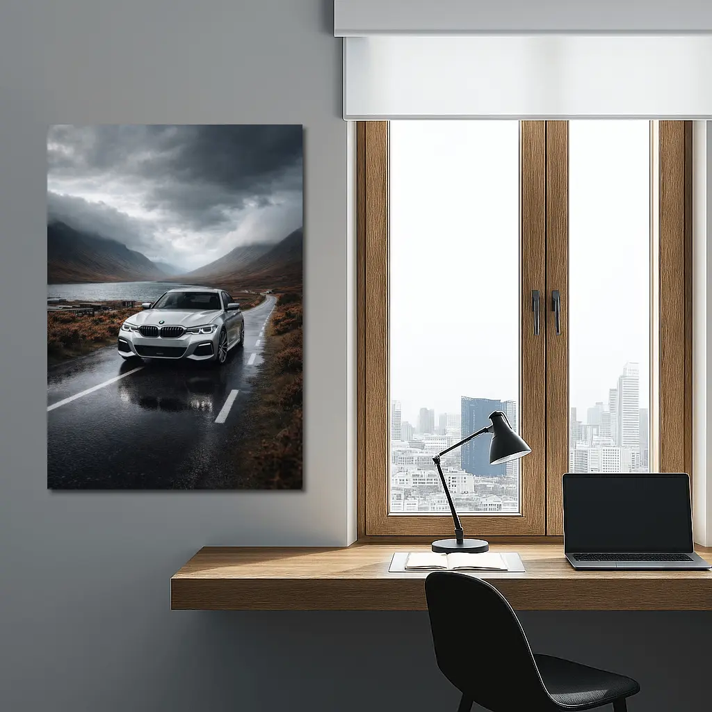 BMW 3 Series on Rainy Mountain Road – Wall Art
