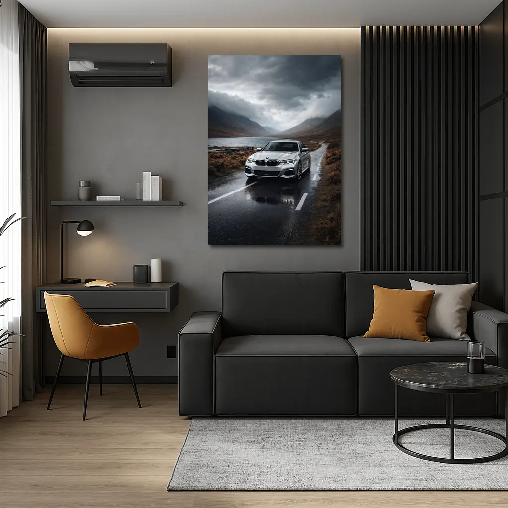 BMW 3 Series on Rainy Mountain Road – Wall Art