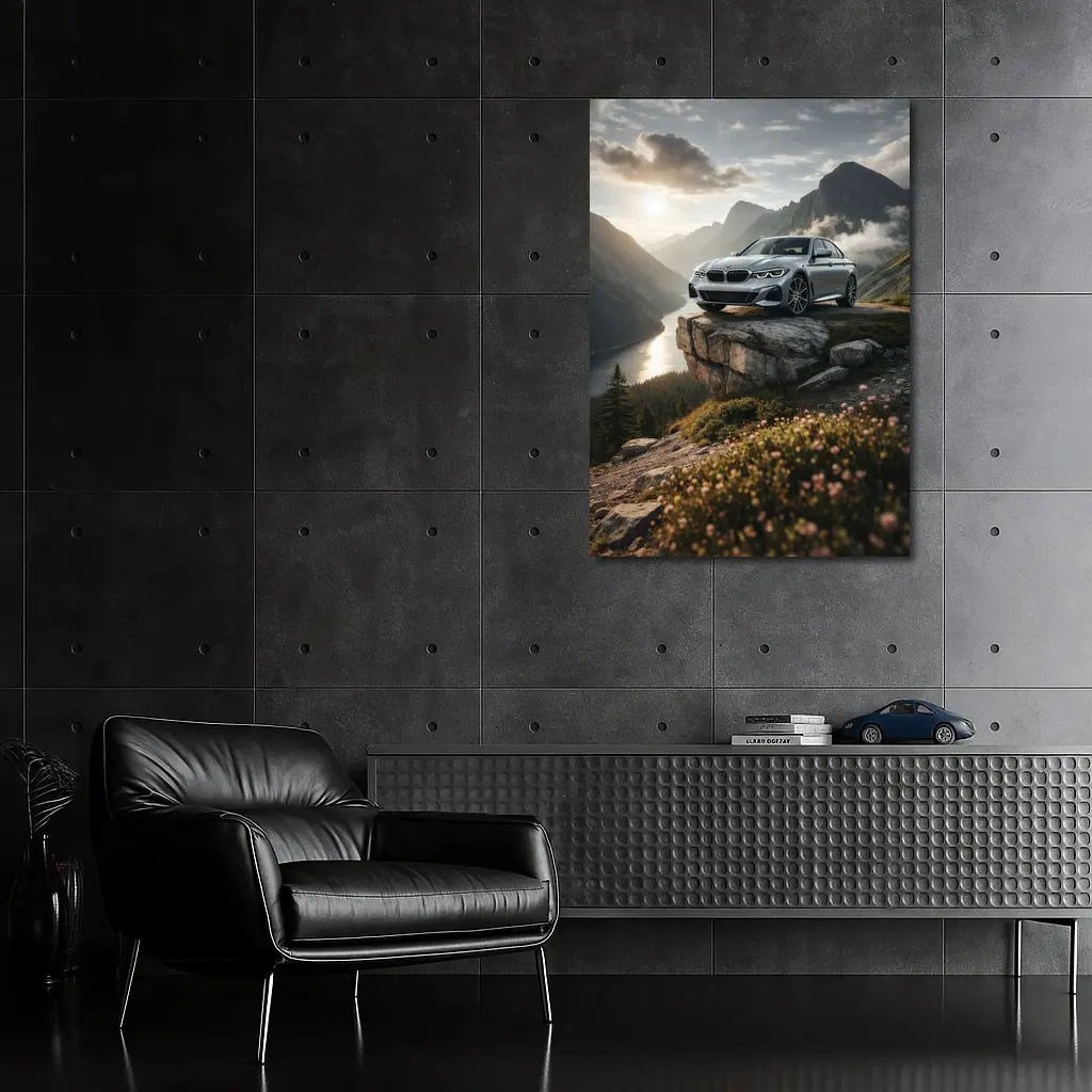 BMW 3 Series Silver Sedan Mountain Overlook – Wall Art