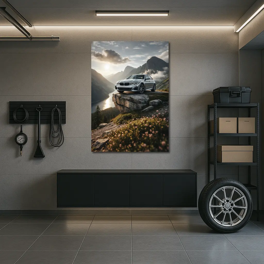 BMW 3 Series Silver Sedan Mountain Overlook – Wall Art