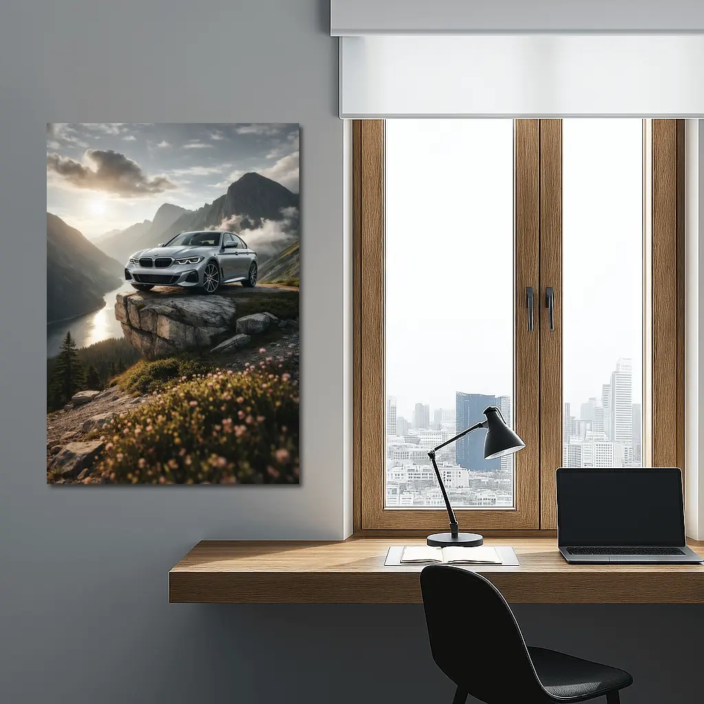 BMW 3 Series Silver Sedan Mountain Overlook – Wall Art