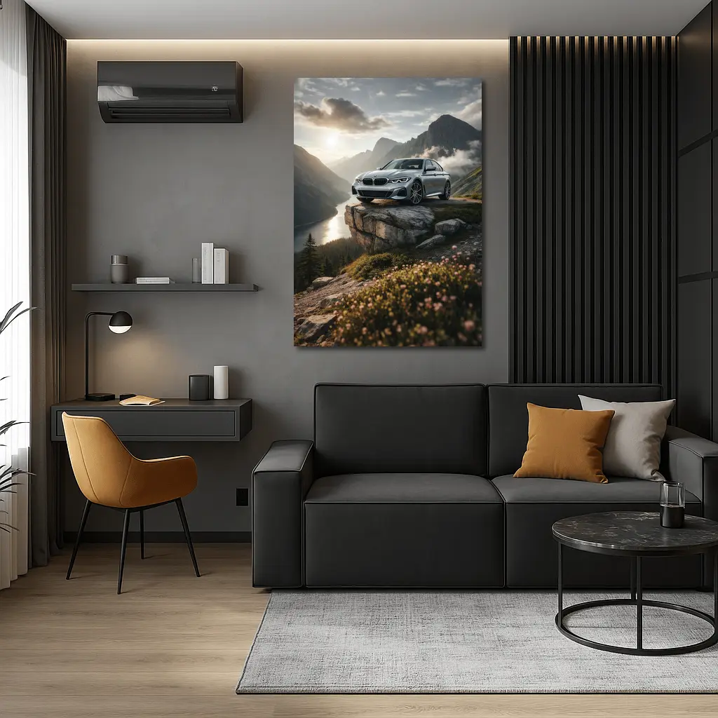 BMW 3 Series Silver Sedan Mountain Overlook – Wall Art