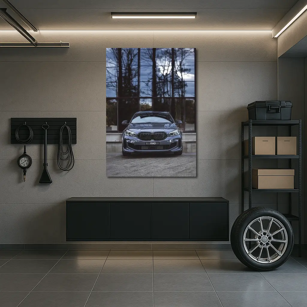 BMW M135i Front View Glass Building – Wall Art