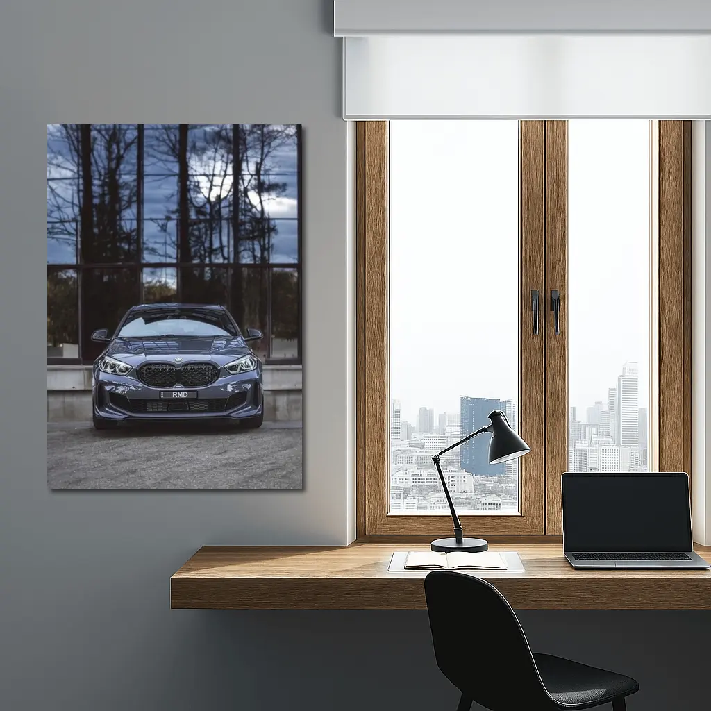 BMW M135i Front View Glass Building – Wall Art