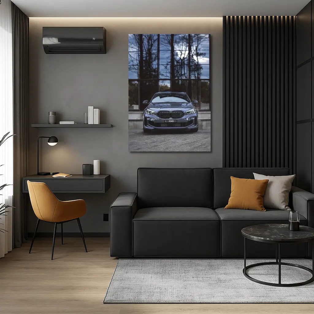 BMW M135i Front View Glass Building – Wall Art