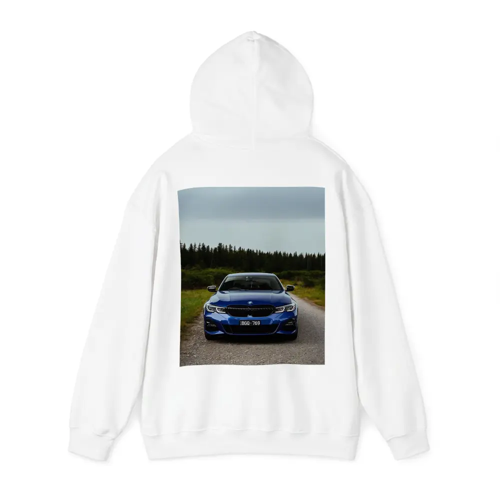 BMW 3 Series Blue Front View Forest Road – Hoodies