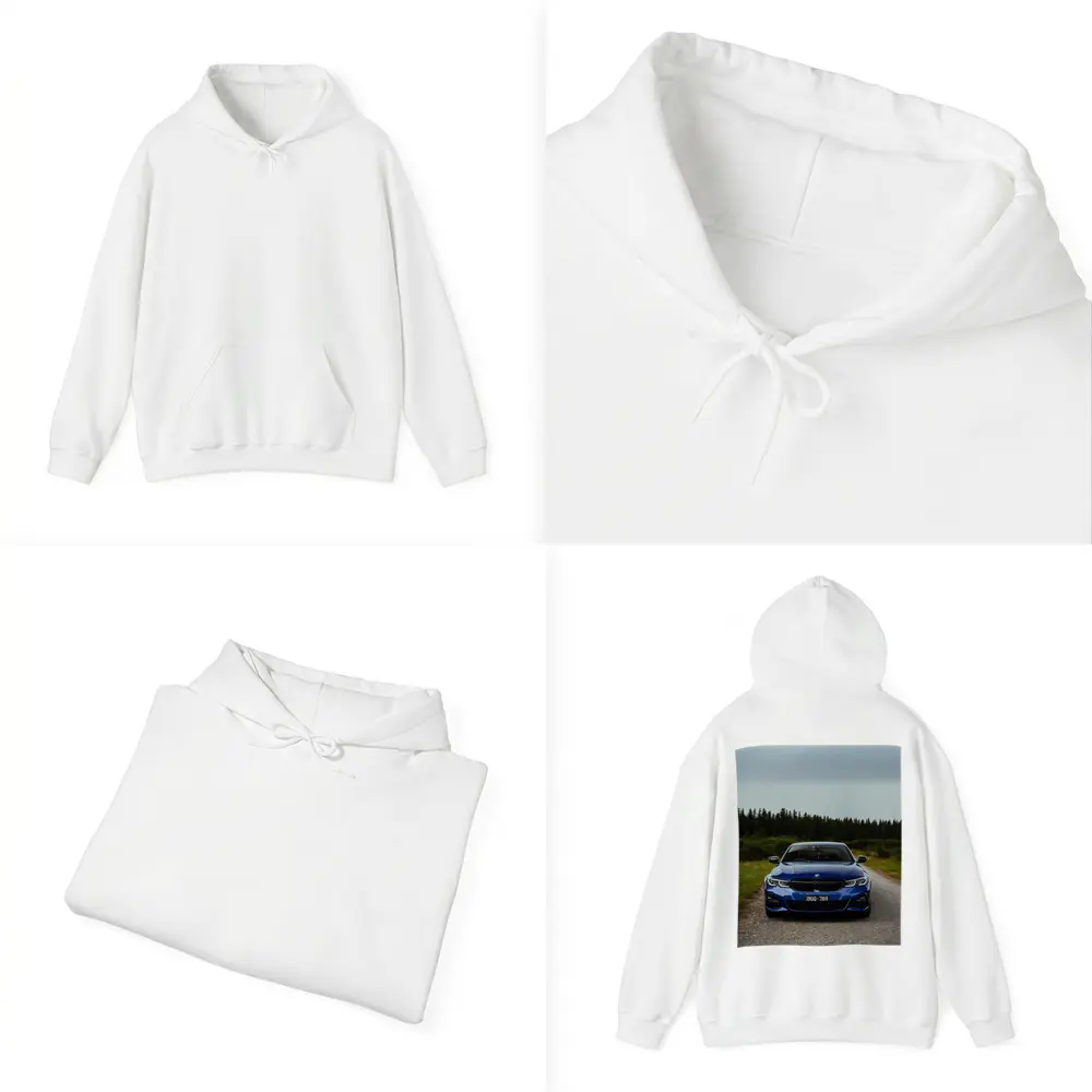 BMW 3 Series Blue Front View Forest Road – Hoodies