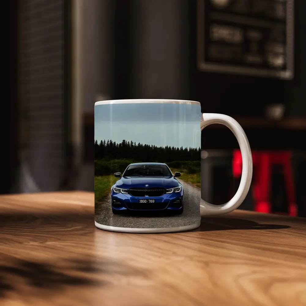 BMW 3 Series Blue Front View Forest Road – Mugs