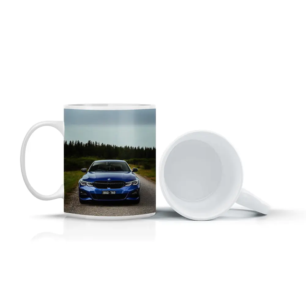 BMW 3 Series Blue Front View Forest Road – Mugs
