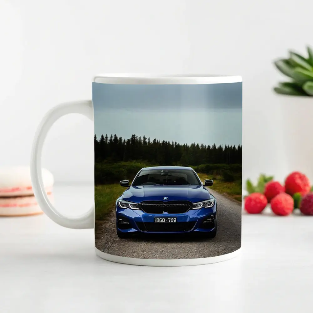 BMW 3 Series Blue Front View Forest Road – Mugs