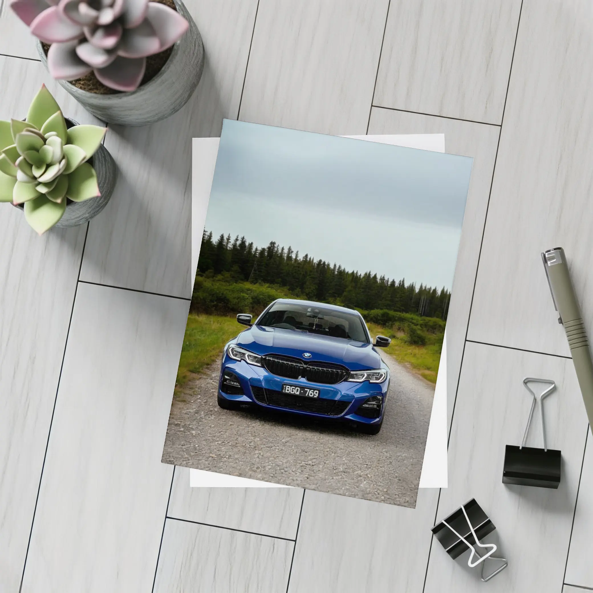 BMW 3 Series Blue Front View Forest Road – Postcards