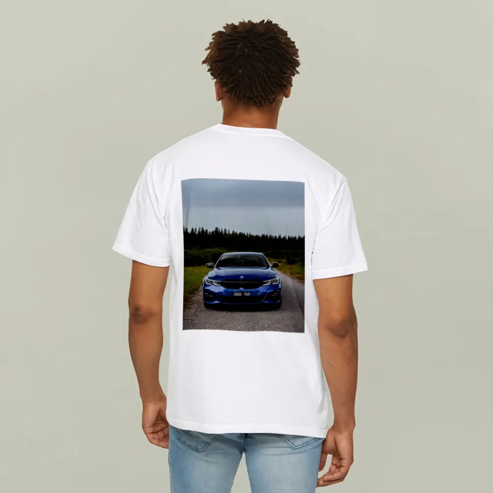 BMW 3 Series Blue Front View Forest Road – T-Shirts