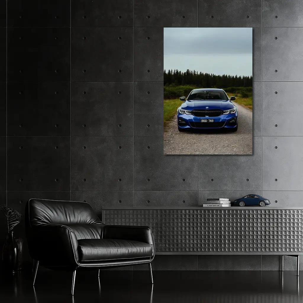 BMW 3 Series Blue Front View Forest Road – Wall Art