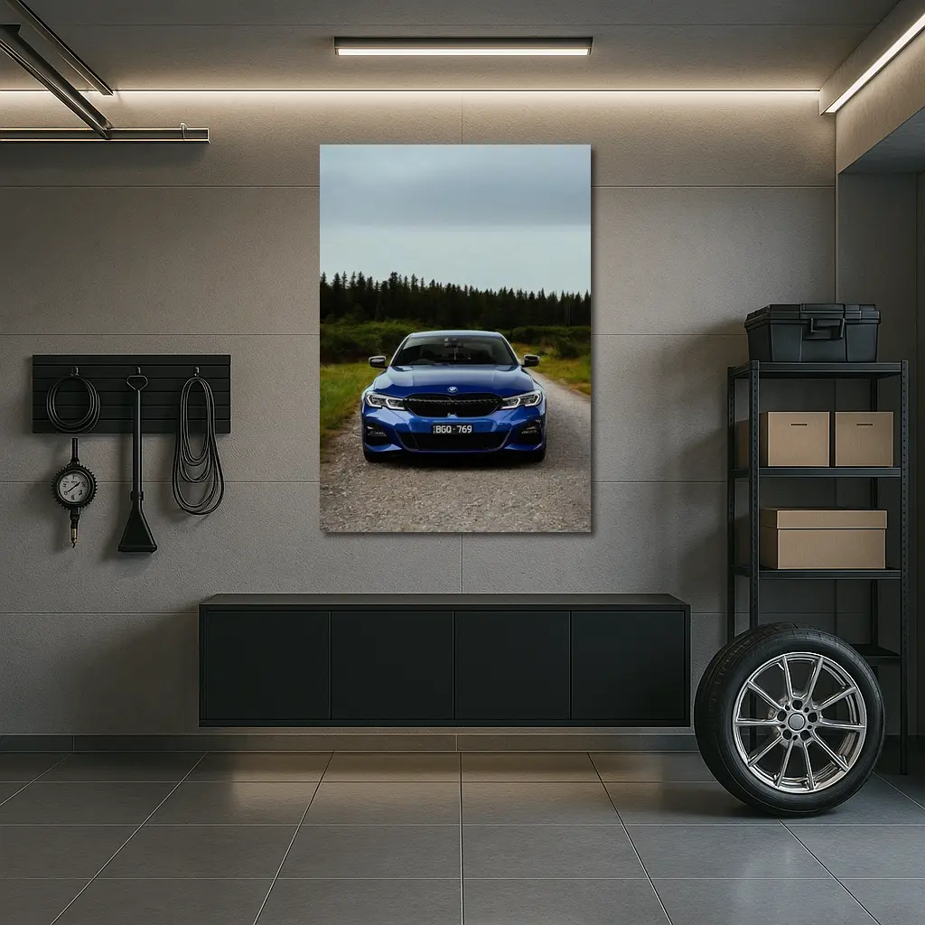 BMW 3 Series Blue Front View Forest Road – Wall Art