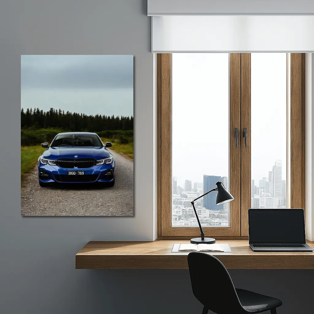 BMW 3 Series Blue Front View Forest Road – Wall Art