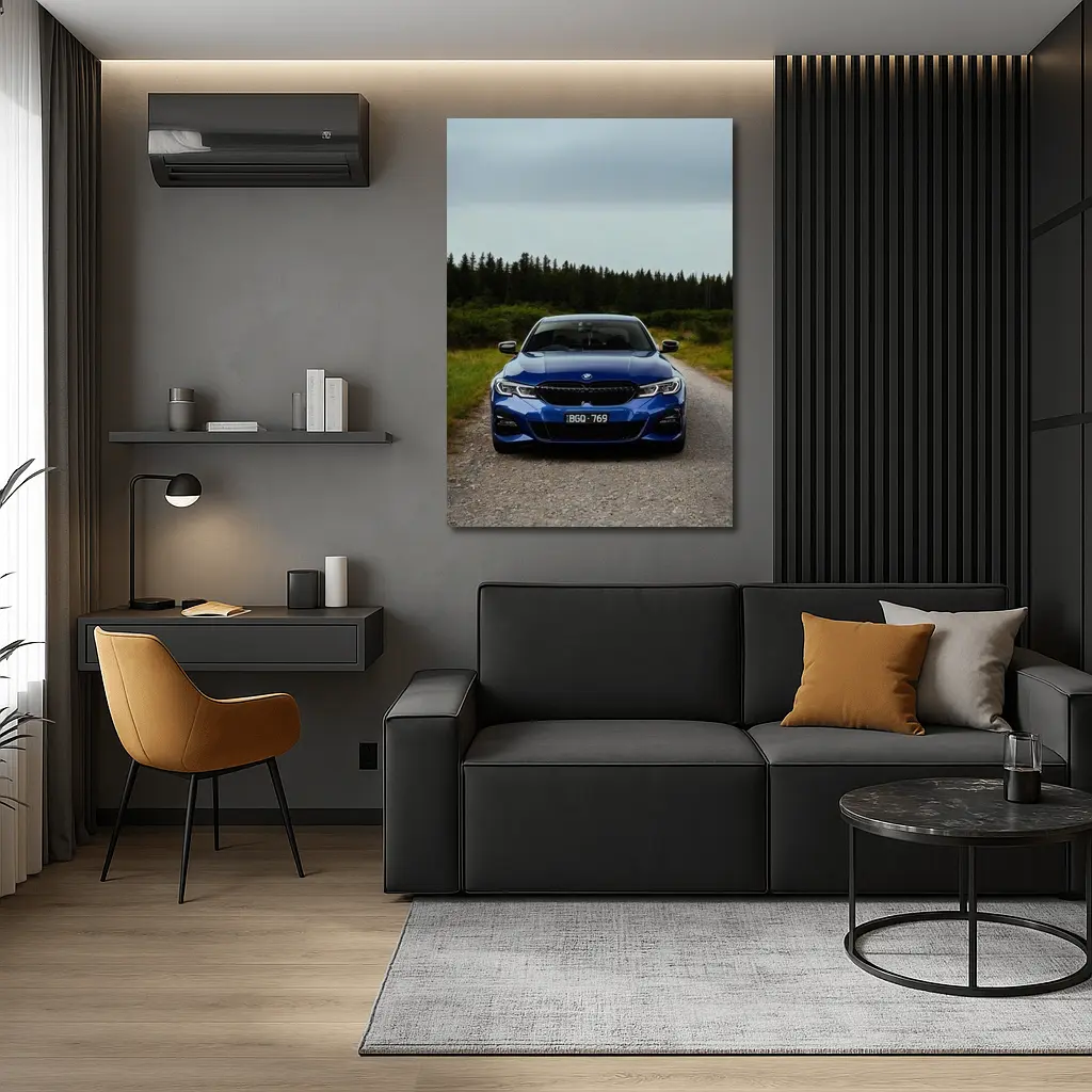 BMW 3 Series Blue Front View Forest Road – Wall Art