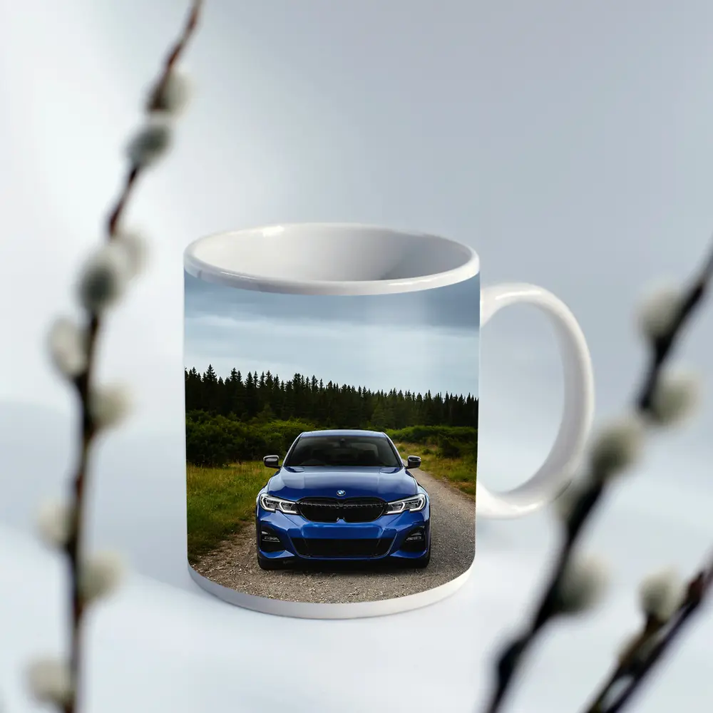 BMW 3 Series Blue Sedan Forest Road – Mugs