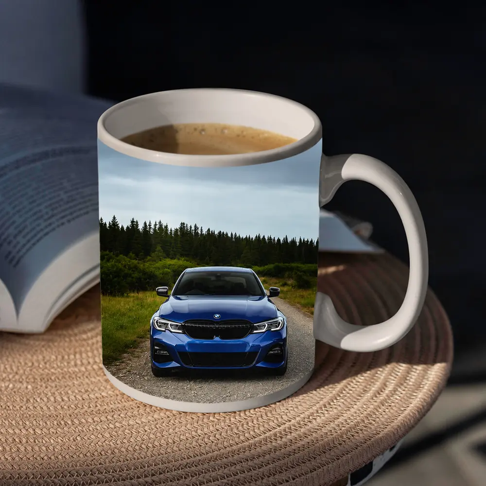 BMW 3 Series Blue Sedan Forest Road – Mugs