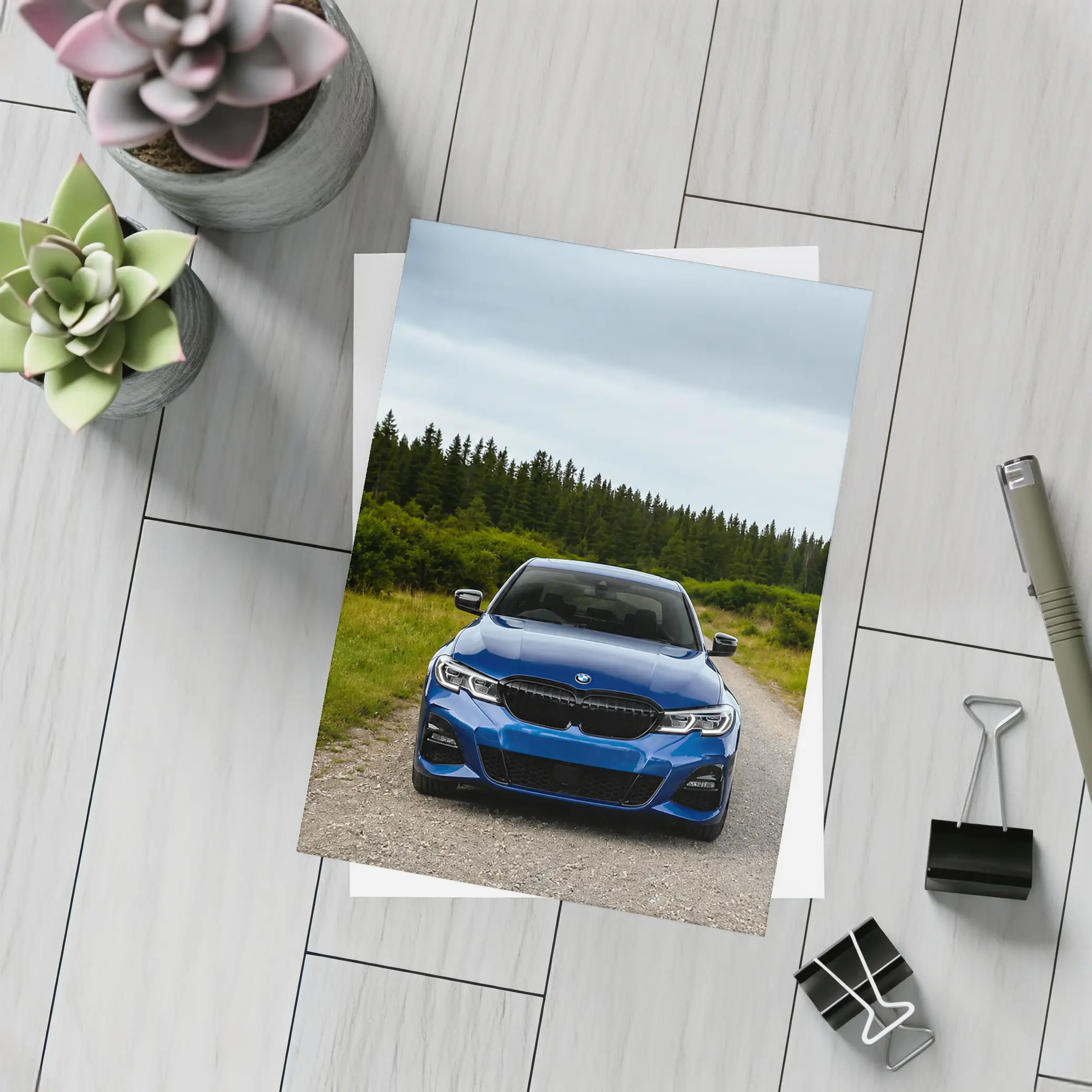 BMW 3 Series Blue Sedan Forest Road – Postcards