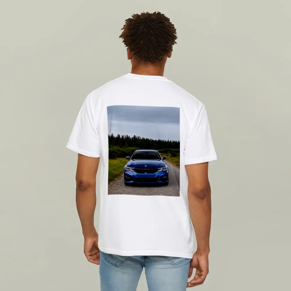 BMW 3 Series Blue Sedan Forest Road – T-Shirts