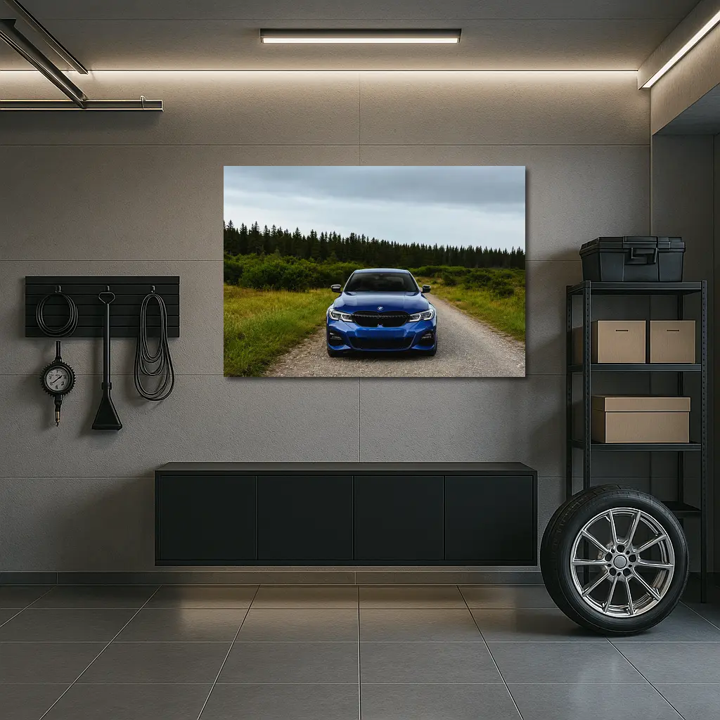 BMW 3 Series Blue Sedan Forest Road – Wall Art