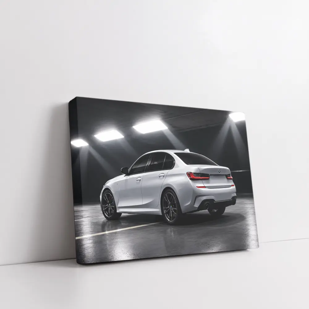 BMW 3 Series White Sedan Dark Garage – Wall Art